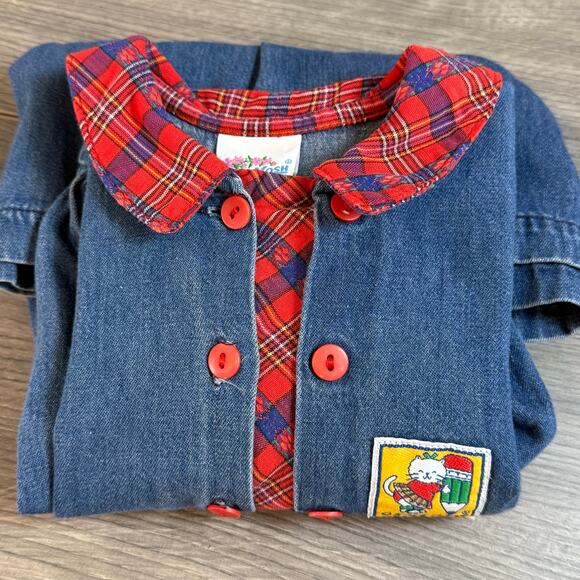 Vintage Oshkosh B'Gosh Denim Dress Size 3T Plaid School Cat Crayon Country - Picture 8 of 16
